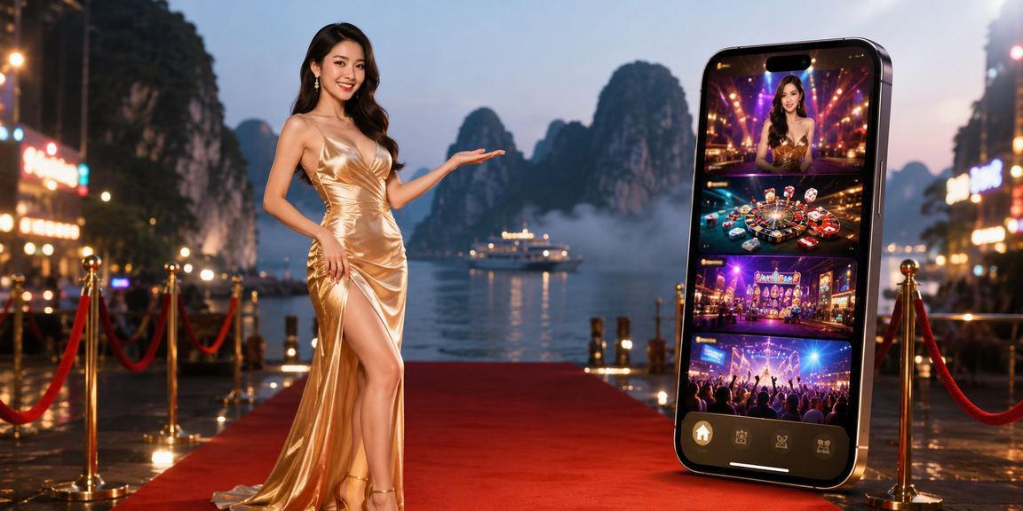 Người dùng tra cứu FAQ trên điện thoại với phong cảnh vịnh Hạ Long
