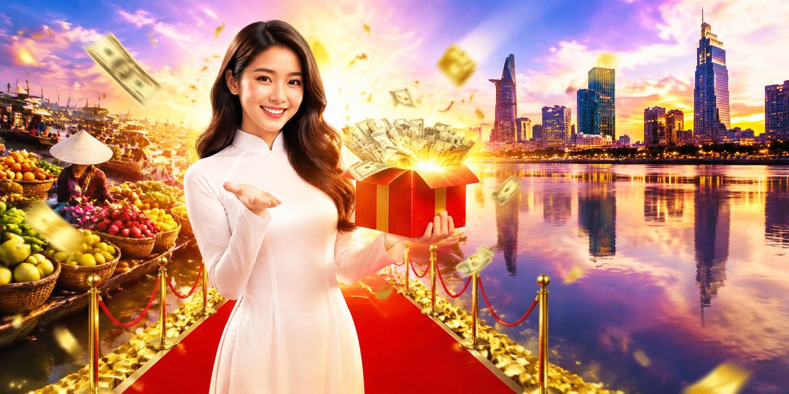Người phụ nữ mặc áo dài bên sông Mekong sử dụng ứng dụng casino trên điện thoại di động
